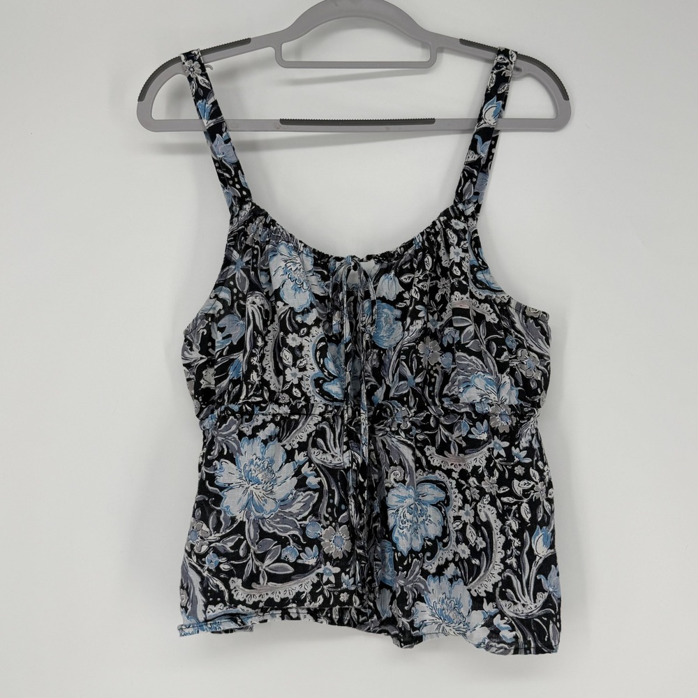 Tahari Cami Top Women Large Blue Black Floral 100% Linen Boho Coastal Romantic